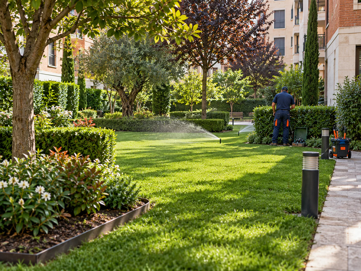 Cuidado del jardín y del sistema de riego de una comunidad