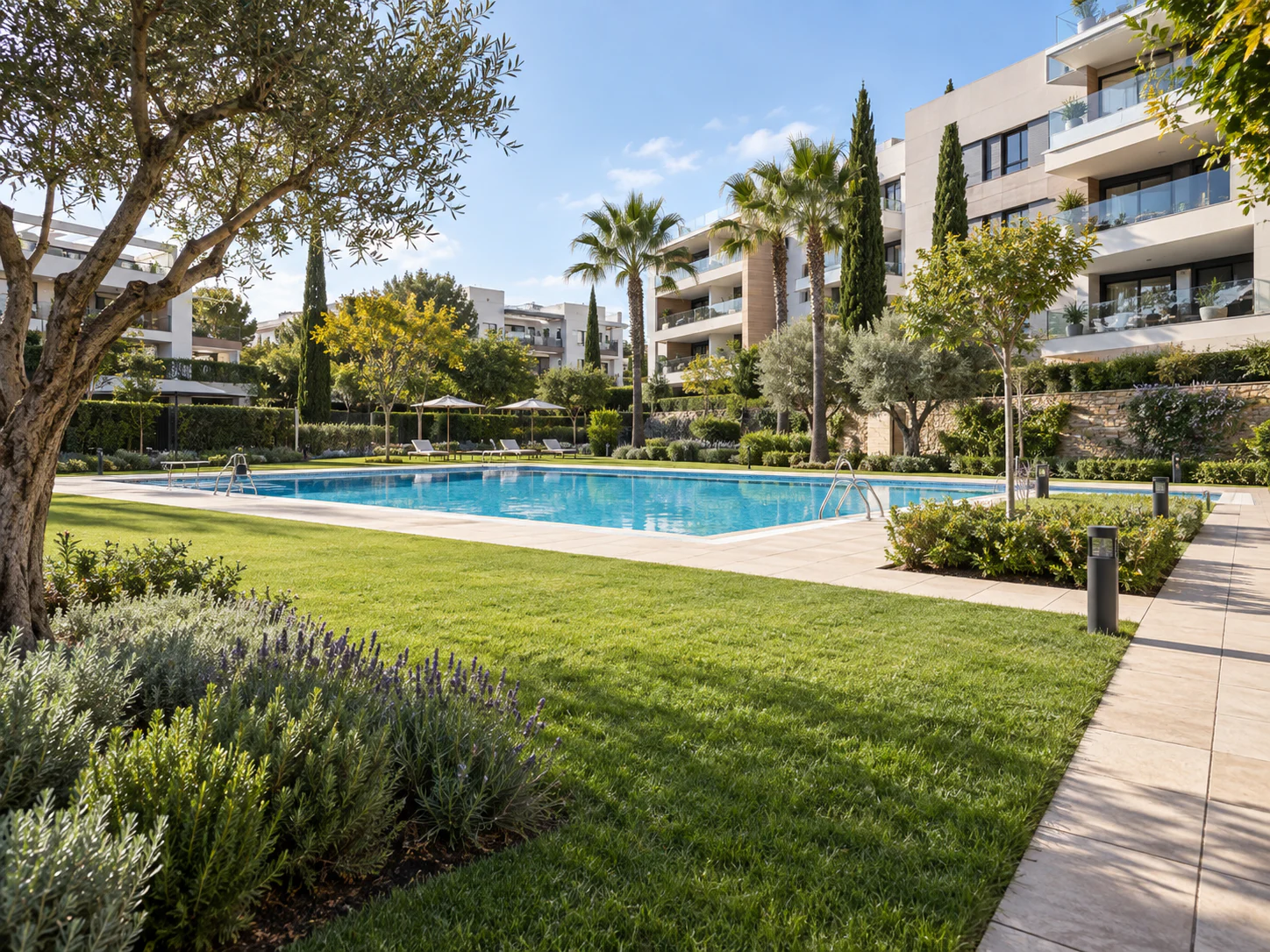 Jardín y piscina bien mantenidos de una comunidad residencial