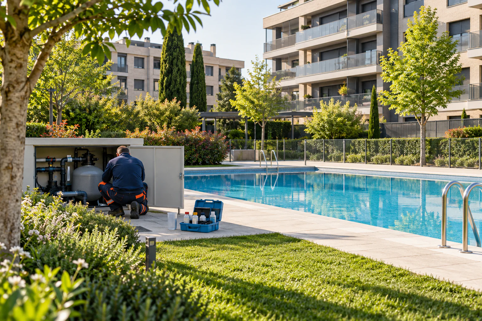 Mantenimiento técnico de jardín y piscina en una comunidad moderna