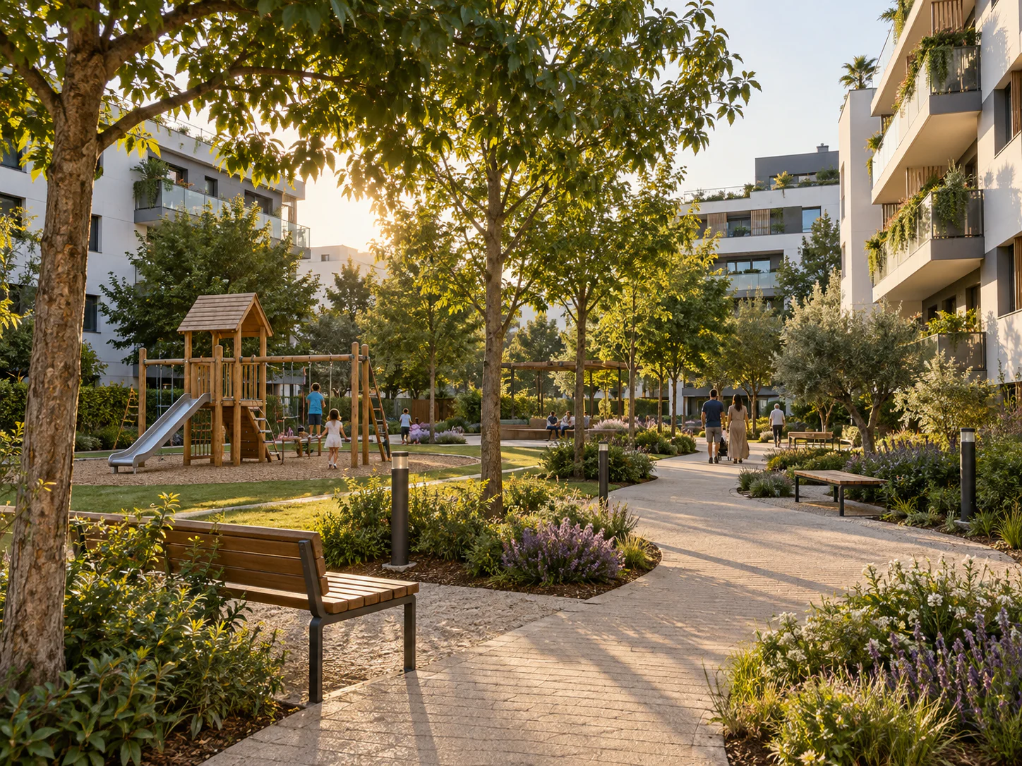 Zona común ecológica con parque infantil y espacios de convivencia